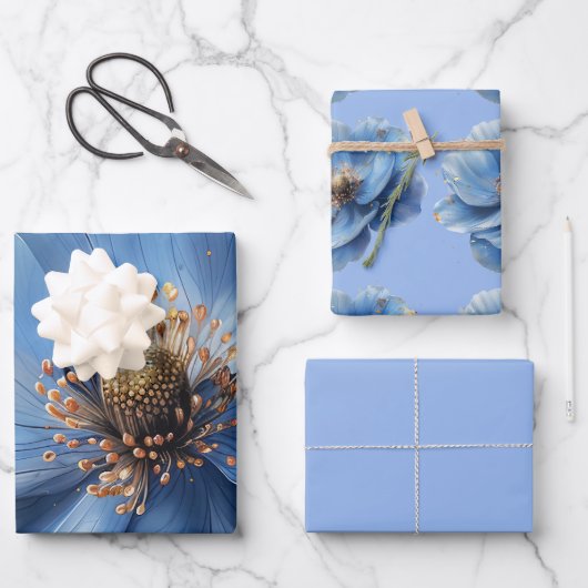 Modern Minimalist Gold and Blue Poppy  Inpakpapier Vel (Voorkant)