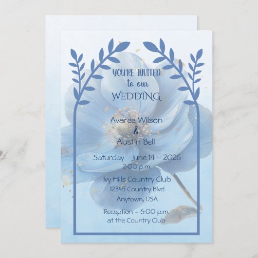Modern Minimalist Gold and Blue Poppy Wedding Kaart (Voorkant / Achterkant)