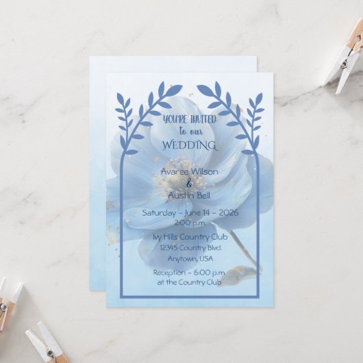 Modern Minimalist Gold and Blue Poppy Wedding   Kaart (Voorkant / Achterkant in situ)