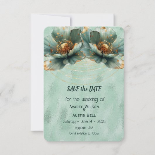 Modern Minimalist Gold and Emerald Wedding Save The Date (Voorkant)