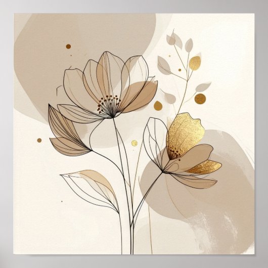 Modern Minimalist Gold Floral Line Art: Abstract B Poster (Voorkant)