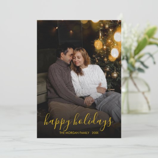 Modern Minimalist Gold Script Happy Holidays Photo Feestdagenkaart (Staand voorkant)