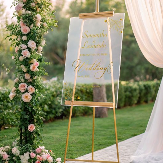 Modern Minimalist Golden Floral Wedding Welcome Acryl Bord