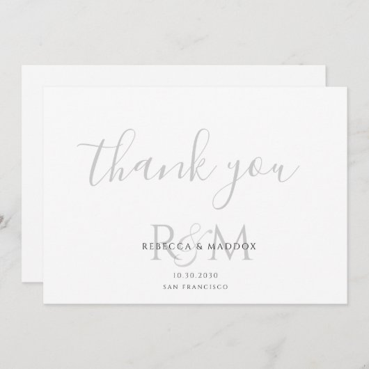 Modern Minimalist Gray Monogram Wedding Bedankkaart (Voorkant / Achterkant)