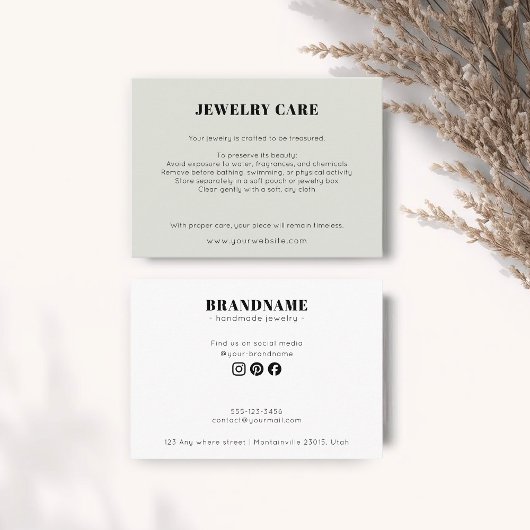 Modern Minimalist Green Jewelry Care Insert Card Informatiekaartje
