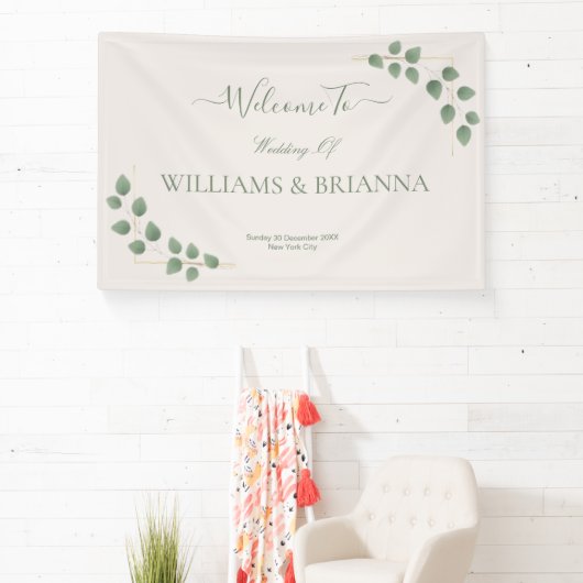Modern Minimalist Green Leaves Wedding Banner (Insitu)