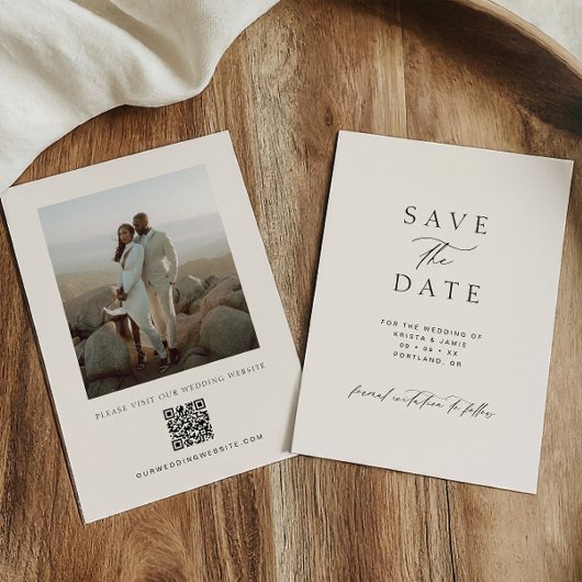 Modern Minimalist Ivory QR Code Photo Wedding Save The Date