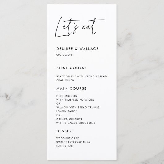 Modern minimalist Laten we de trouwmenukaart opete Menu (Voorkant)