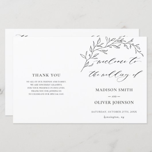 Modern minimalist Laurel Folded Wedding Programme (Voorkant / Achterkant)