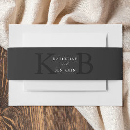 Modern Minimalist Matte Black Monogram Wedding Uitnodigingen Wikkel