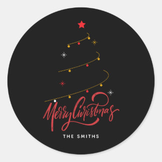 Modern Minimalist Merry Christmas Script Tree Ronde Sticker