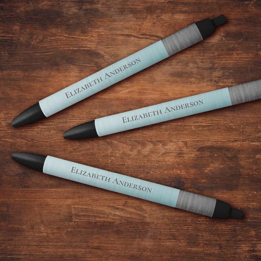 Modern Minimalist Monogram Name Teal Blue Metallic Zwarte Inkt Pen