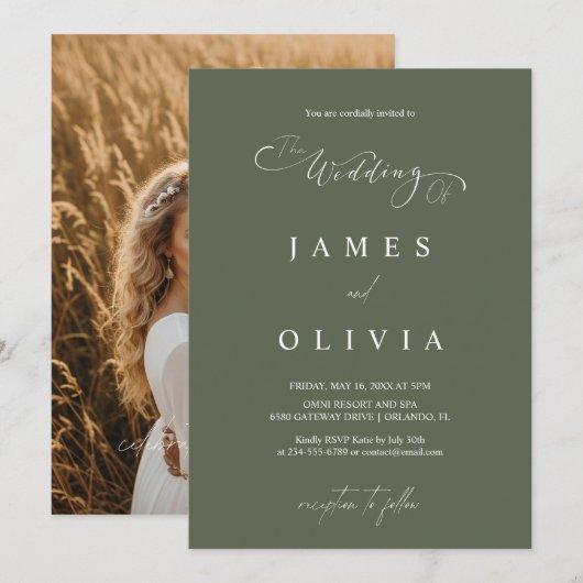 Modern Minimalist Olive Green Photo Wedding Invita Kaart (Voorkant / Achterkant)