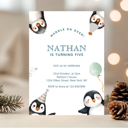 Modern Minimalist Penguin Winter Birthday Party Kaart