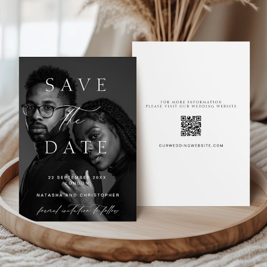 Modern Minimalist Photo Overlay QR Code Wedding Save The Date