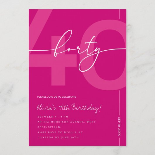 Modern Minimalist Pink 40th Birthday Party Kaart (Voorkant)