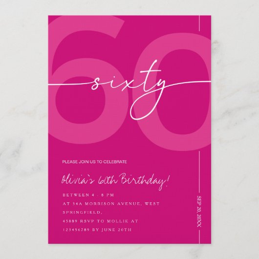 Modern Minimalist Pink 60th Birthday Party Kaart (Voorkant)