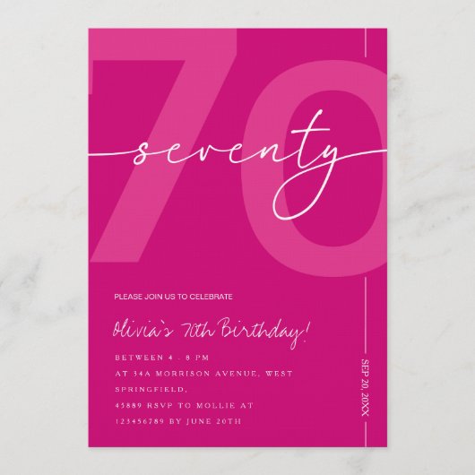 Modern Minimalist Pink 70th Birthday Party Kaart (Voorkant)