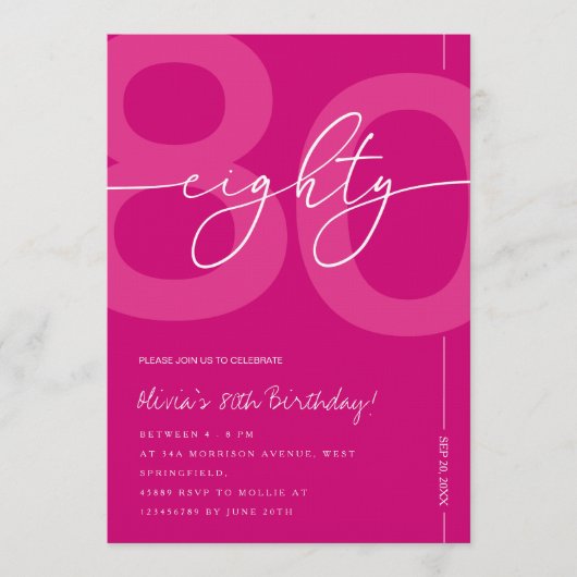 Modern Minimalist Pink 80th Birthday Party Kaart (Voorkant)