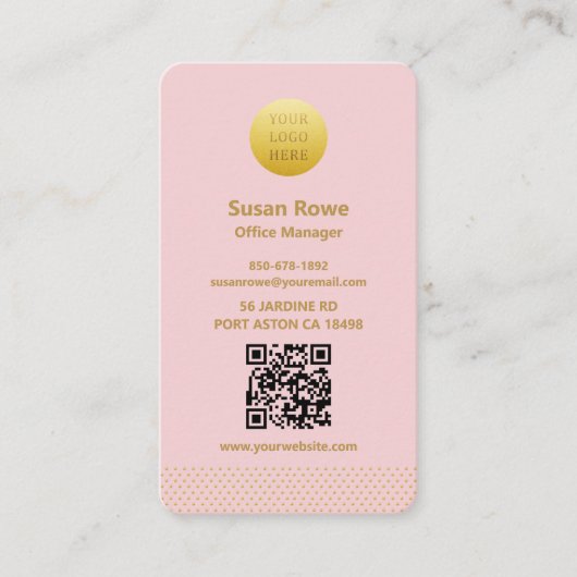 Modern Minimalist Pink and Gold Dots QR Code Visitekaartje (Voorkant)