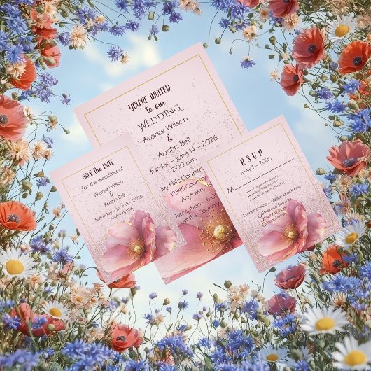 Modern Minimalist Pink and Gold Wedding Invitation Kaart