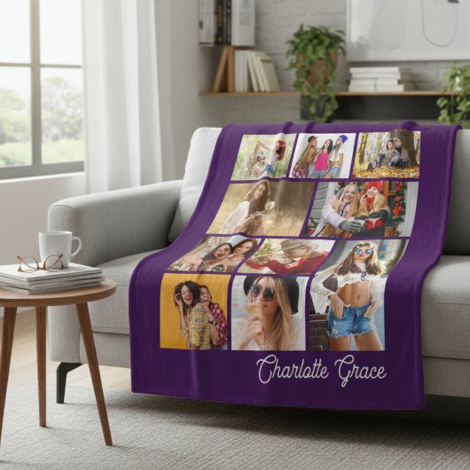 Modern Minimalist Purple 10 Photo Collage Name Fleece Deken
