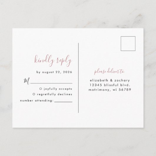 Modern minimalist Roos Wedding RSVP Briefkaart (Achterkant)
