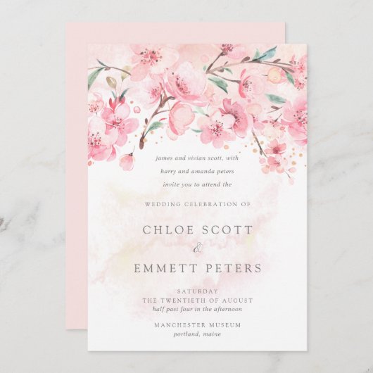 Modern minimalist roze Cherry Blossom Wedding Invi Kaart (Voorkant / Achterkant)