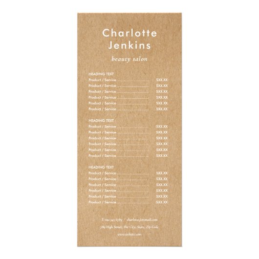 Modern Minimalist Rustic Kraft Salon Service Menu (Voorkant)