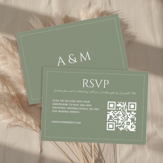 Modern minimalist sage green QR code wedding  RSVP Kaartje