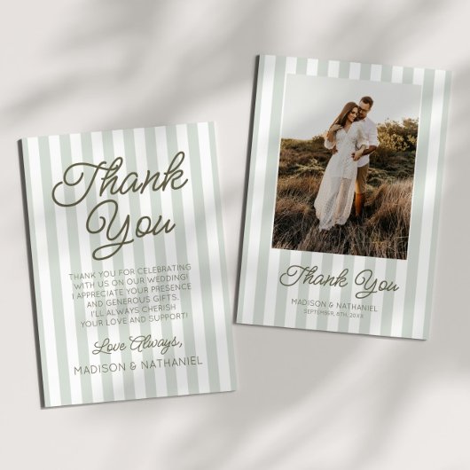 Modern Minimalist Sage Green Stripes Wedding Bedankkaart