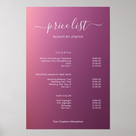 Modern Minimalist Salon Price List Sign for Beauty Poster (Voorkant)