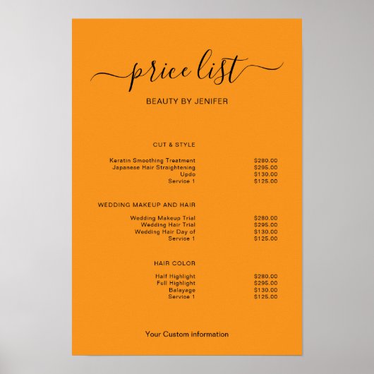 Modern Minimalist Salon Price List Sign for Beauty Poster (Voorkant)