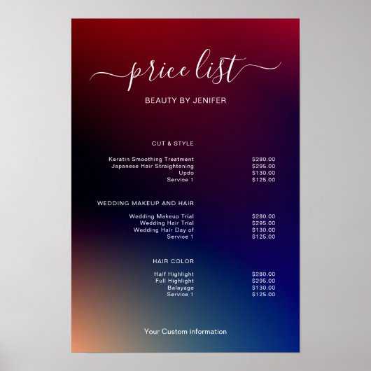 Modern Minimalist Salon Price List Sign for Beauty Poster (Voorkant)