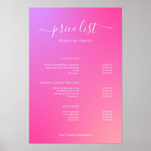 Modern Minimalist Salon Price List Sign for Beauty Poster (Voorkant)