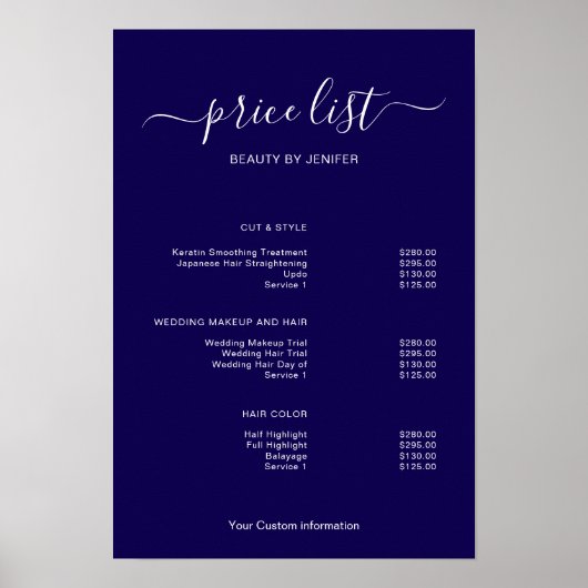 Modern Minimalist Salon Price List Sign for Beauty Poster (Voorkant)