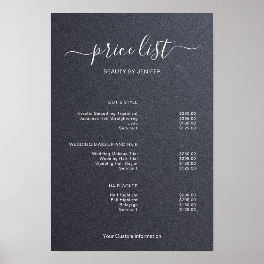 Modern Minimalist Salon Price List Sign for Beauty Poster (Voorkant)
