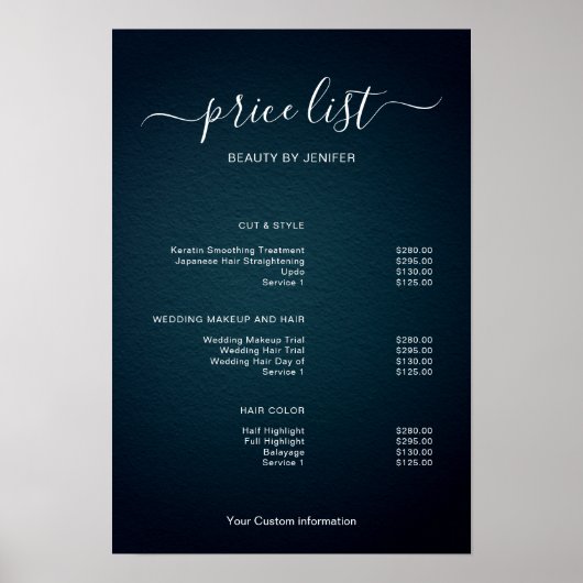 Modern Minimalist Salon Price List Sign for Beauty Poster (Voorkant)