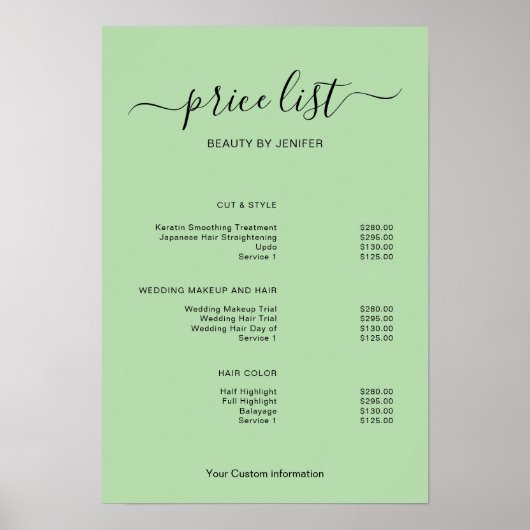 Modern Minimalist Salon Price List Sign for Beauty Poster (Voorkant)