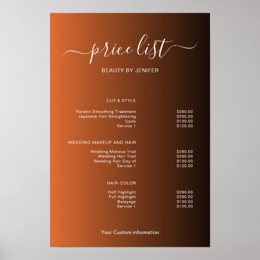 Modern Minimalist Salon Price List Sign for Beauty Poster (Voorkant)