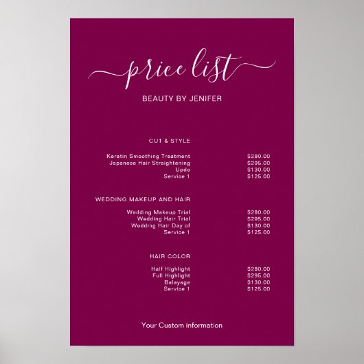 Modern Minimalist Salon Price List Sign for Beauty Poster (Voorkant)