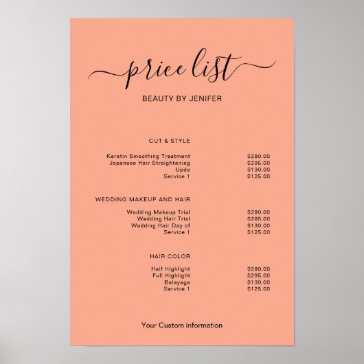 Modern Minimalist Salon Price List Sign for Beauty Poster (Voorkant)