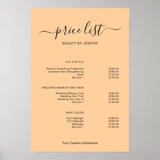 Modern Minimalist Salon Price List Sign for Beauty Poster (Voorkant)
