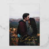 Modern Minimalist Script 1 Photo Red Christmas Folie Feestdagenkaart (Voorkant)