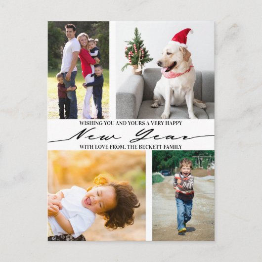 Modern Minimalist Script 4 Photo Collage New Year Feestdagenkaart (Voorkant)