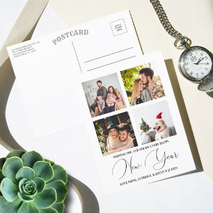 Modern Minimalist Script 4 Photo Collage New Year Feestdagenkaart