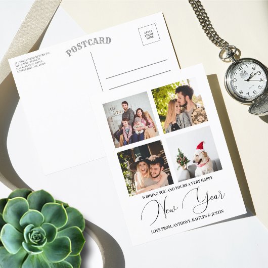 Modern Minimalist Script 4 Photo Collage New Year Feestdagenkaart