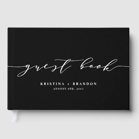 Modern Minimalist Script Black and White Wedding Gastenboek (Voorkant)