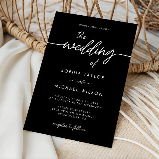 Modern Minimalist Script Black Wedding Kaart