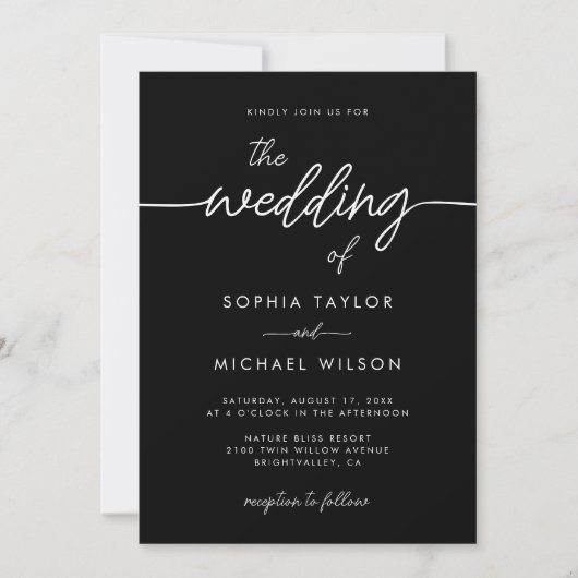 Modern Minimalist Script Black Wedding Kaart (Voorkant)